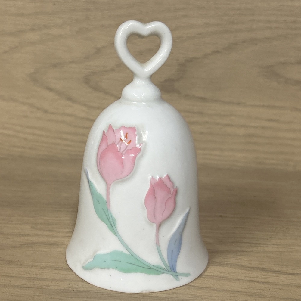 Vtg Floral Japanese Porcelain Bell pink blue tulip Cottage core Chic heart
